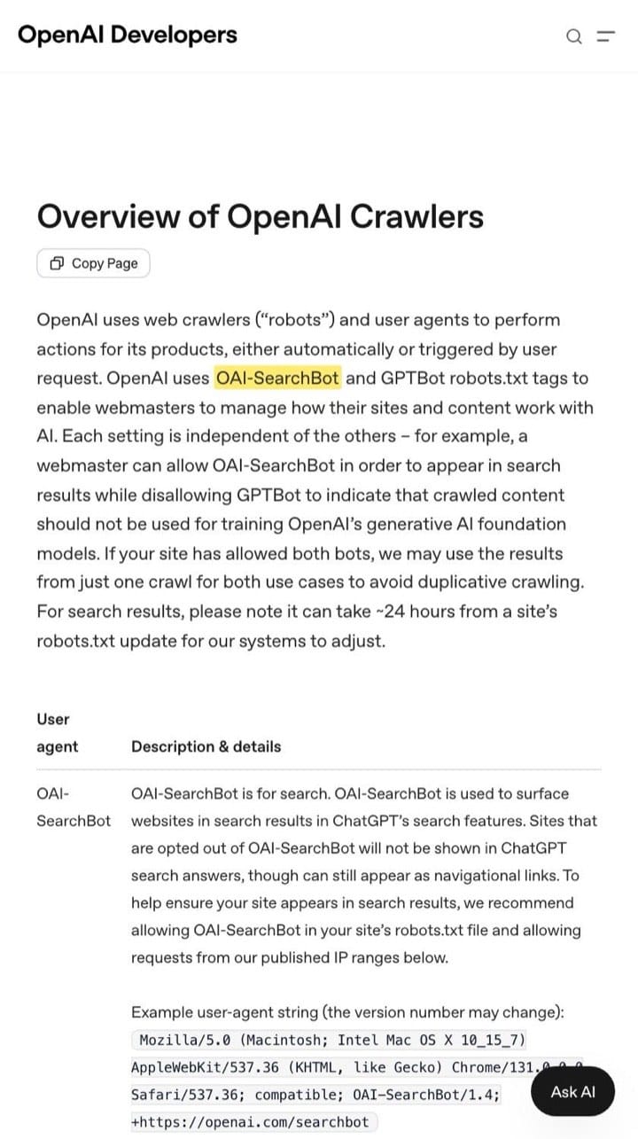 OpenAI crawlers documentation with OAI-SearchBot highlighted