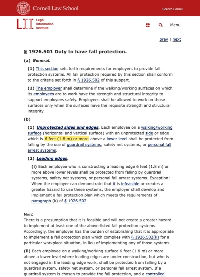 OSHA regulation 29 CFR 1926.501 duty to have fall protection, the 6 foot threshold highlighted