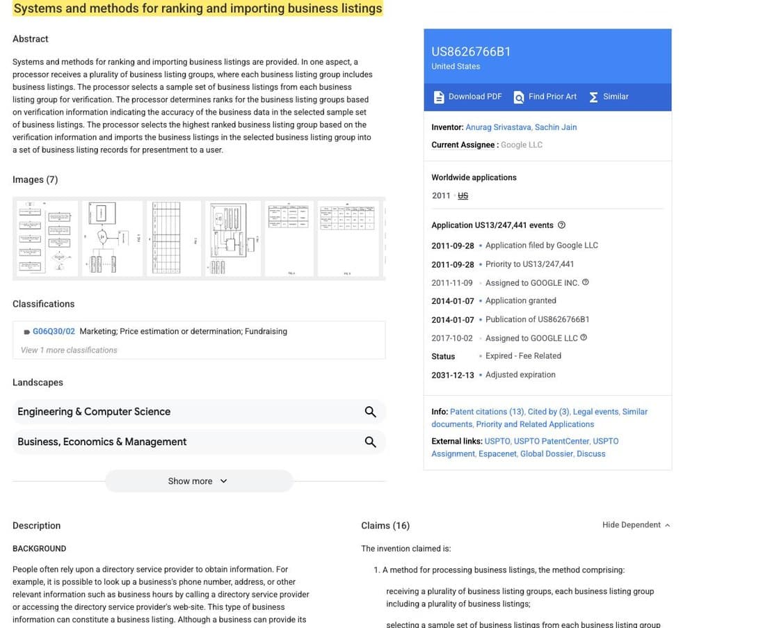 Google patent US8626766B1, Systems and methods for ranking and importing business listings, assignee Google LLC, title highlighted