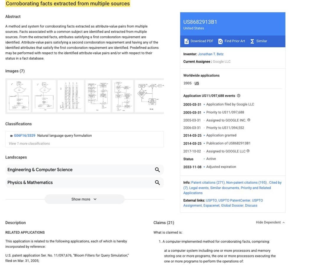Google patent US8682913B1, Corroborating facts extracted from multiple sources, assignee Google LLC, title highlighted