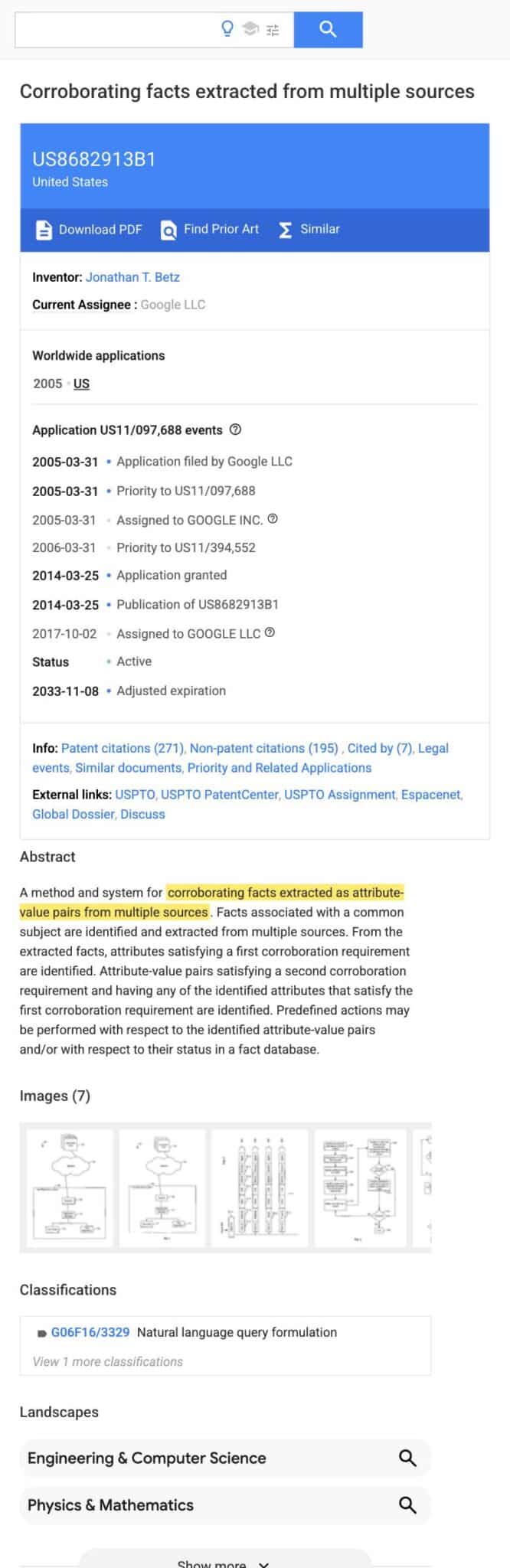 Screenshot of the Google Patents record for US-8682913-B1 with the abstract sentence corroborating facts extracted as attribute-value pairs from multiple sources highlighted marker yellow. Current assignee Google LLC visible above.