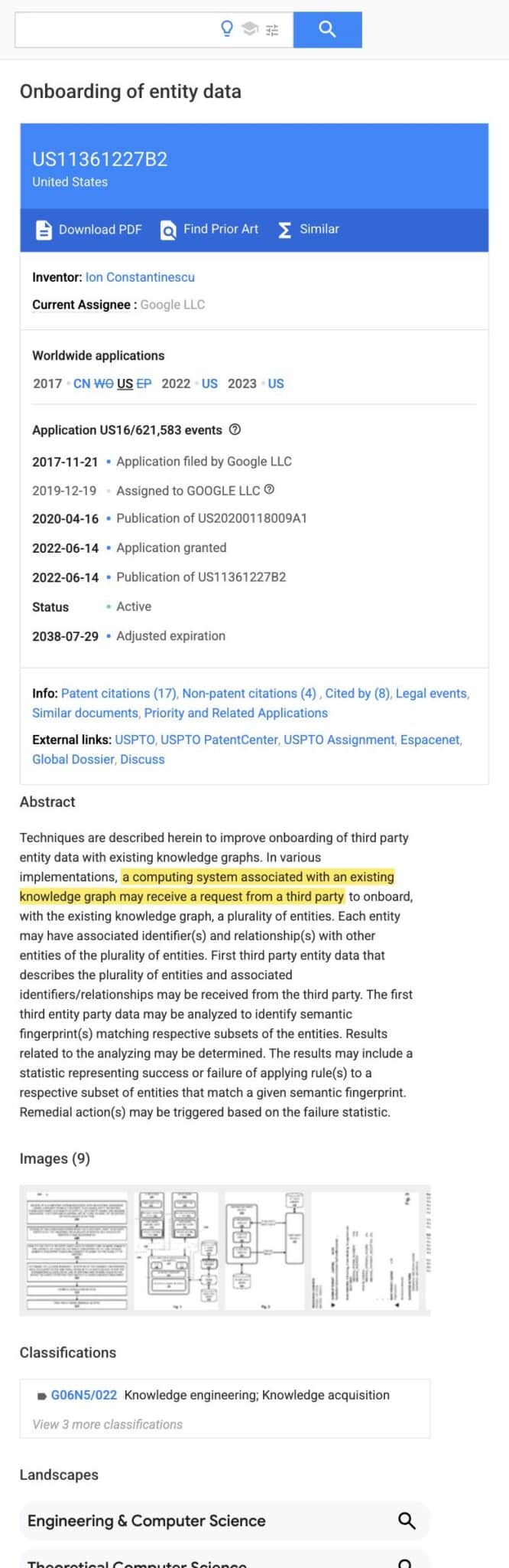 Screenshot of the Google Patents record for US-11361227-B2 with the abstract sentence a computing system associated with an existing knowledge graph may receive a request from a third party highlighted marker yellow. Current assignee Google LLC visible above.