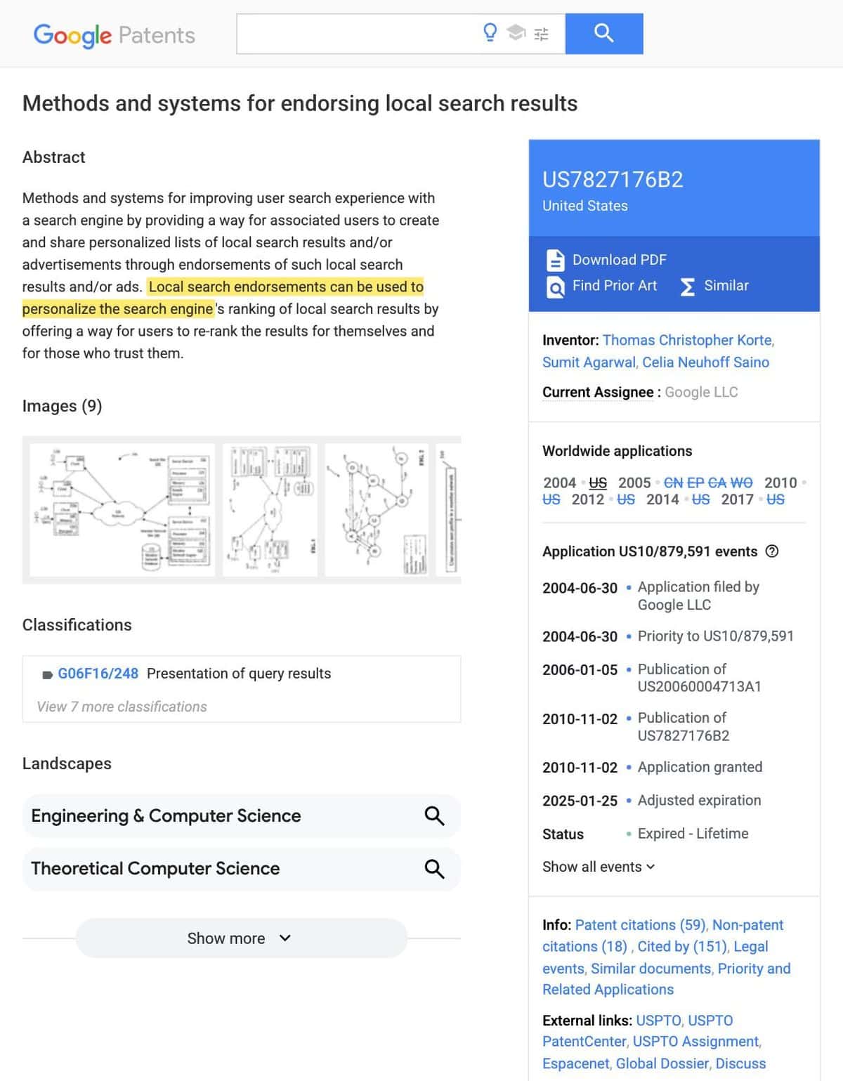 Google patent US7827176B2, Methods and systems for endorsing local search results, assignee Google LLC.