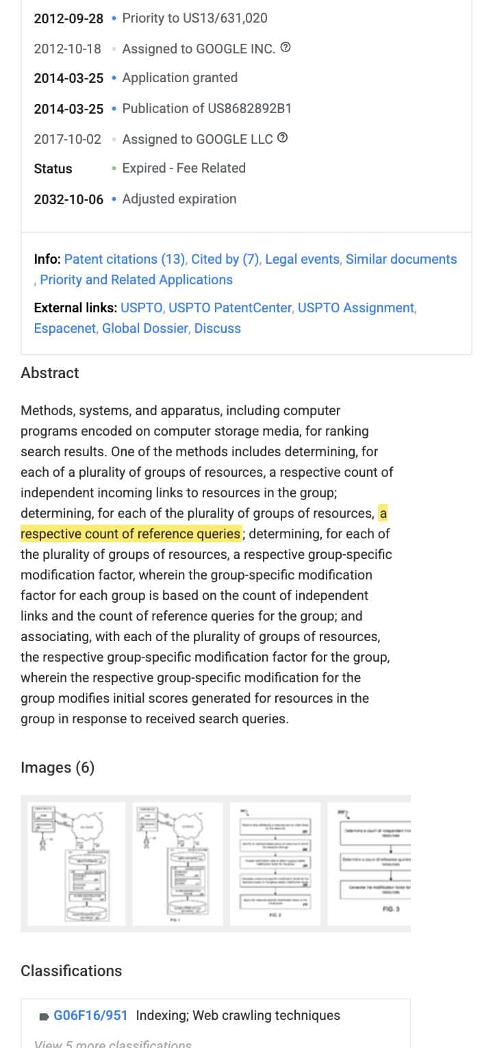 Google patent US 8,682,892 B1 abstract with the reference-queries claim highlighted