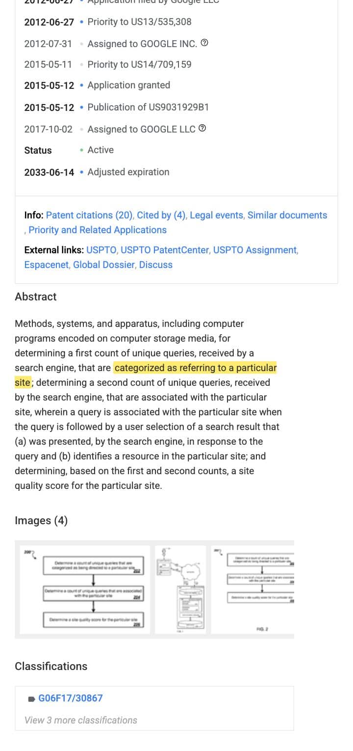 Google patent US 9,031,929 B1 abstract with the queries to site claim highlighted