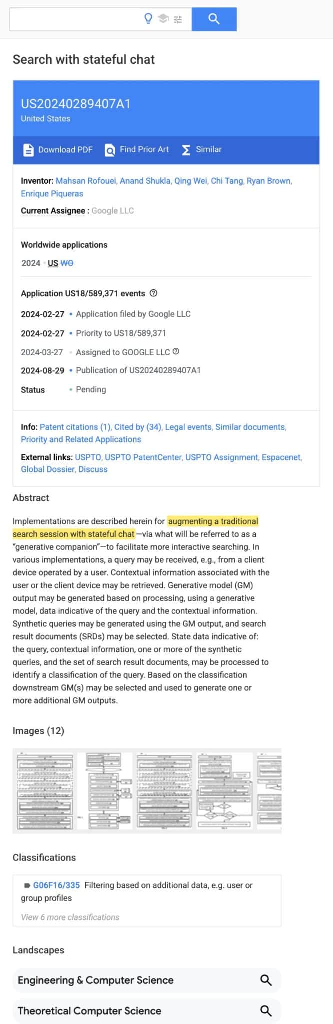 Screenshot of the Google Patents record for US-2024289407-A1 with the abstract sentence augmenting a traditional search session with stateful chat highlighted marker yellow. Current assignee Google LLC visible above.