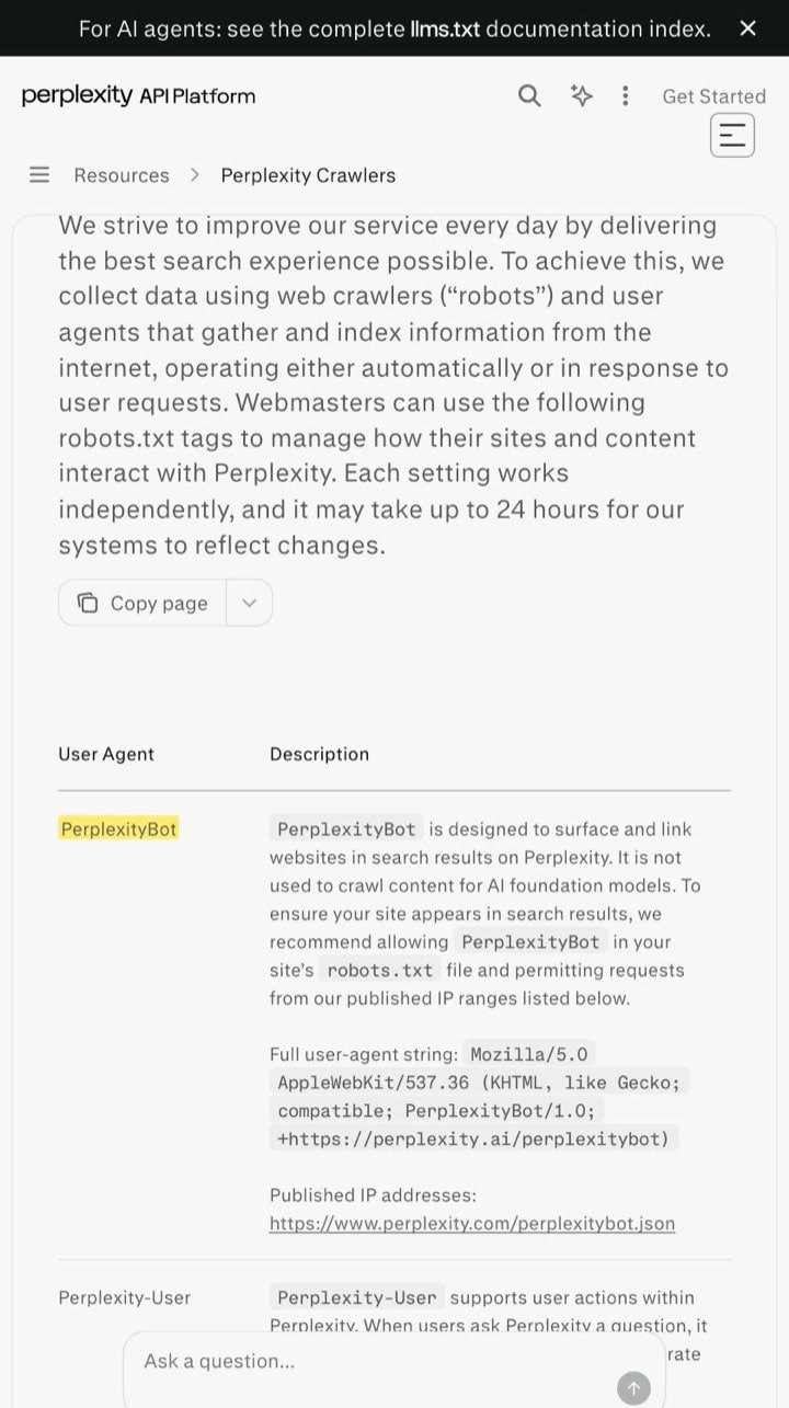 Perplexity crawlers documentation with PerplexityBot highlighted