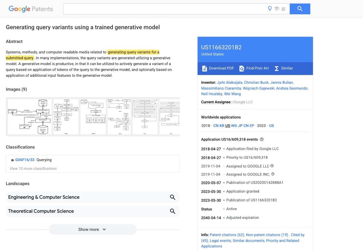 Google Patents record for US 11,663,201 B2 Generating Query Variants Using a Trained Generative Model with the abstract phrase about generating query variants for a submitted query highlighted in yellow