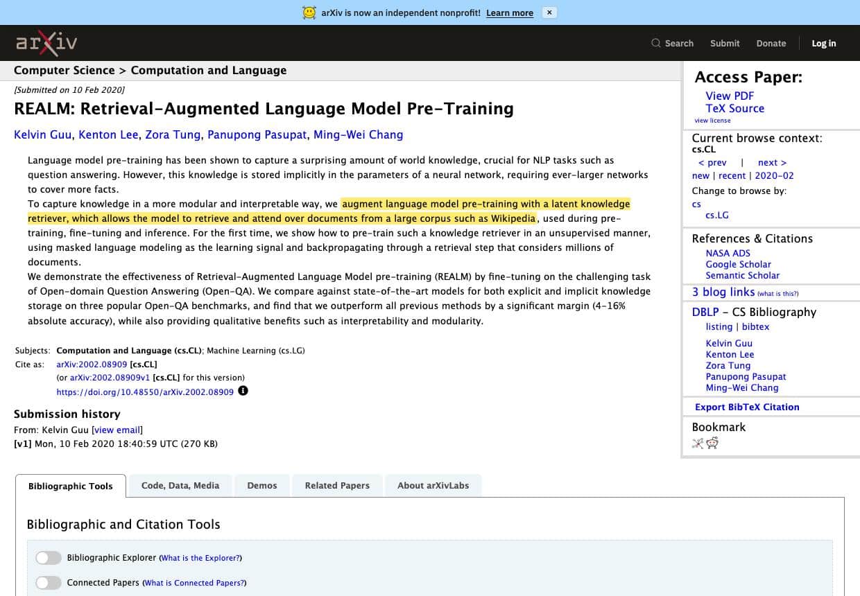 arXiv abstract page for REALM Retrieval-Augmented Language Model Pre-Training with the sentence about retrieving and attending over documents from a large corpus highlighted in yellow
