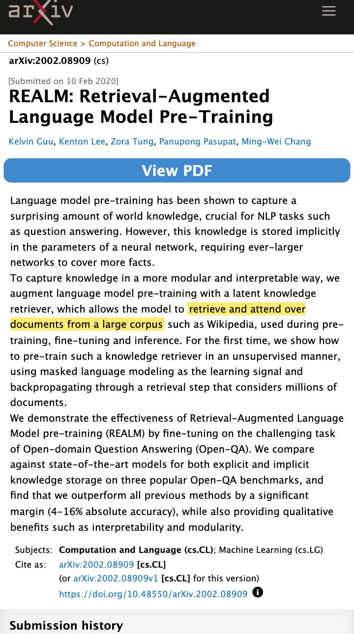 REALM paper on arXiv, Retrieval-Augmented Language Model Pre-Training by Kelvin Guu and colleagues, highlighting that the model retrieves and attends over documents from a large corpus.