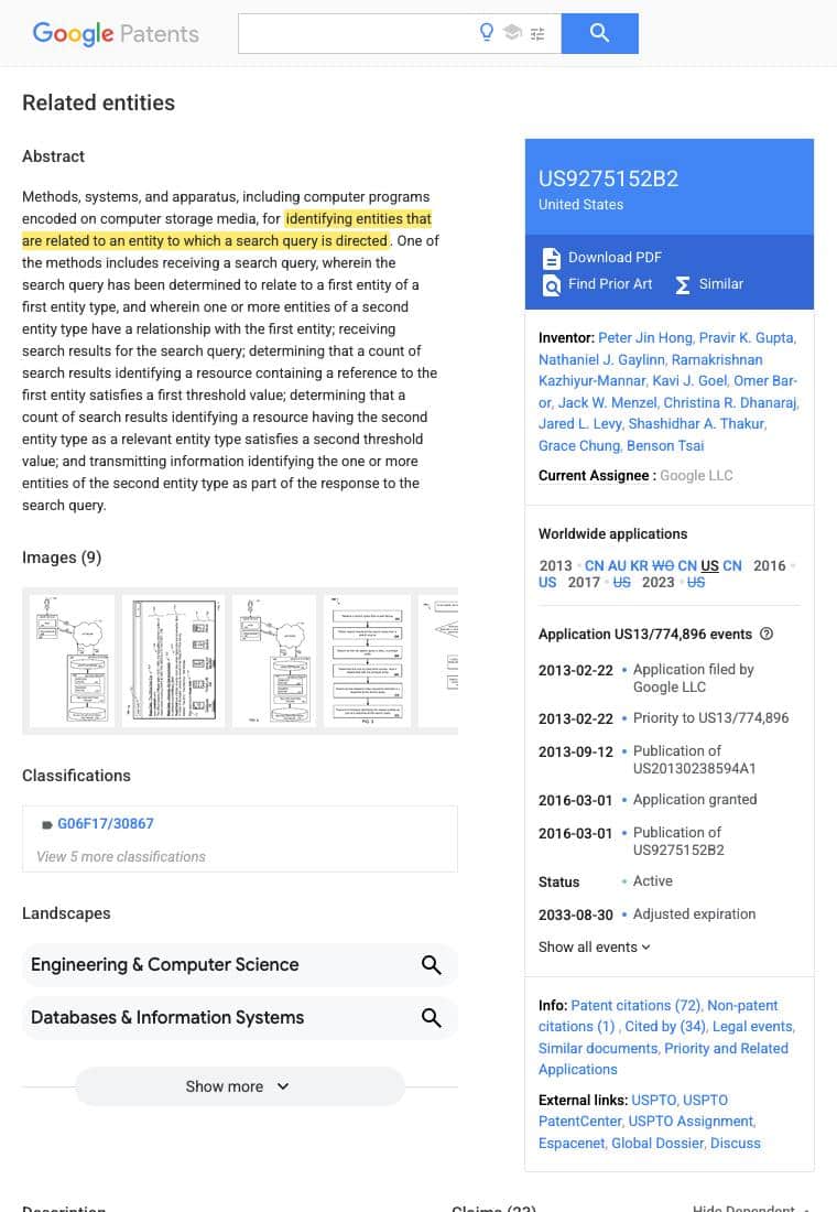 Screenshot of Google Patents page for US 9,275,152 B2 Related entities, assignee Google LLC, with the phrase identifying entities that are related to an entity to which a search query is directed highlighted in yellow