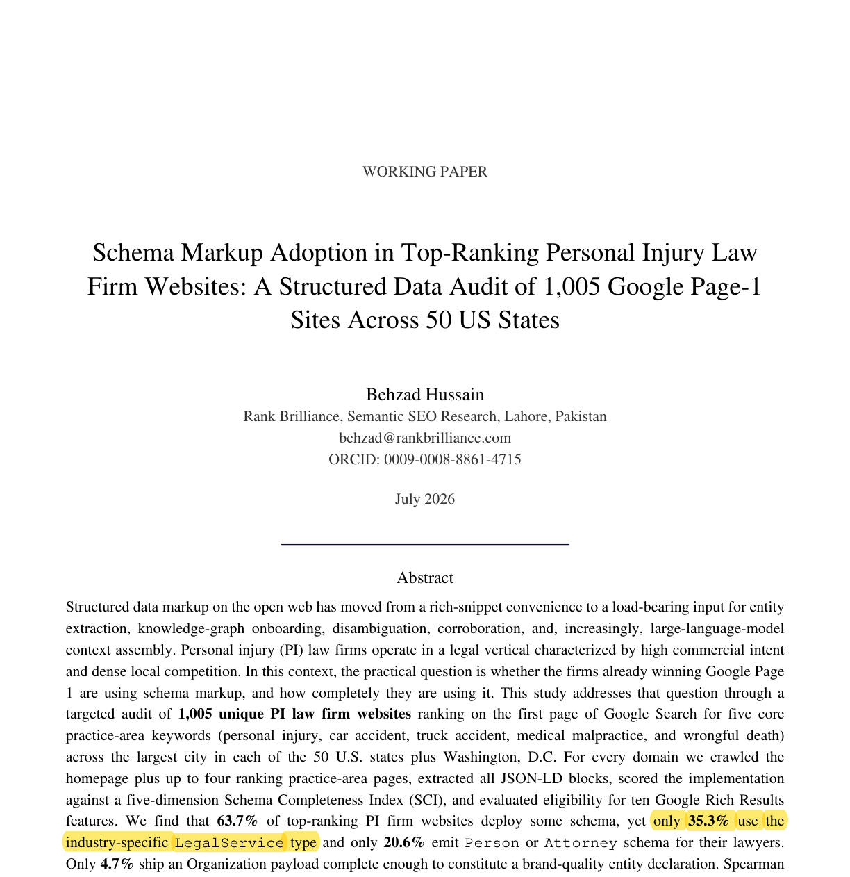 Behzad Hussain 1,005-firm page-one study highlighting that 63.7 percent deploy some schema and only 35.3 percent use LegalService
