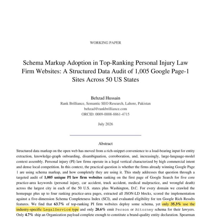 ResearchGate paper by Behzad Hussain showing only 35.3 percent of top-ranking personal injury firms use the LegalService schema type