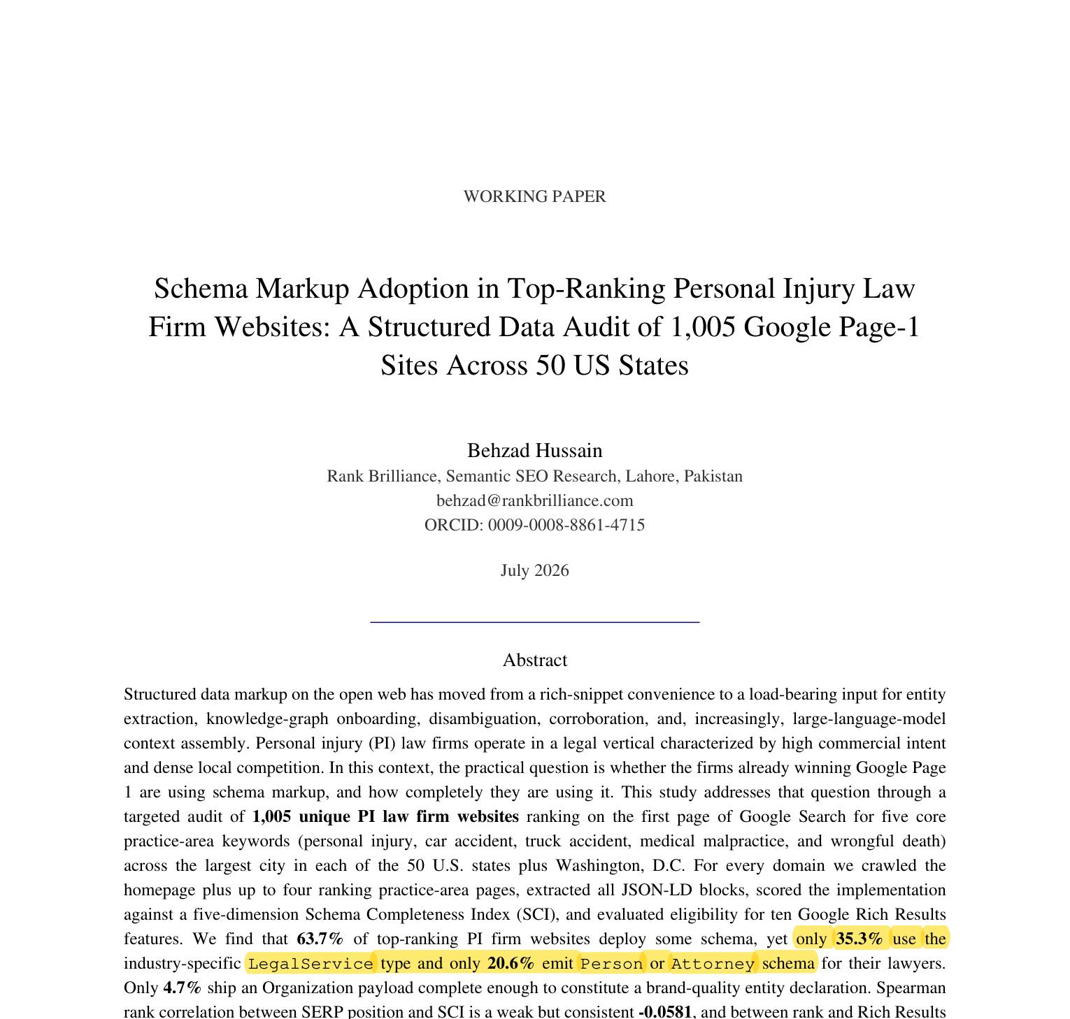 Abstract of the 1,005 firm page one audit highlighting that only 35.3% use LegalService and 20.6% emit Person or Attorney schema
