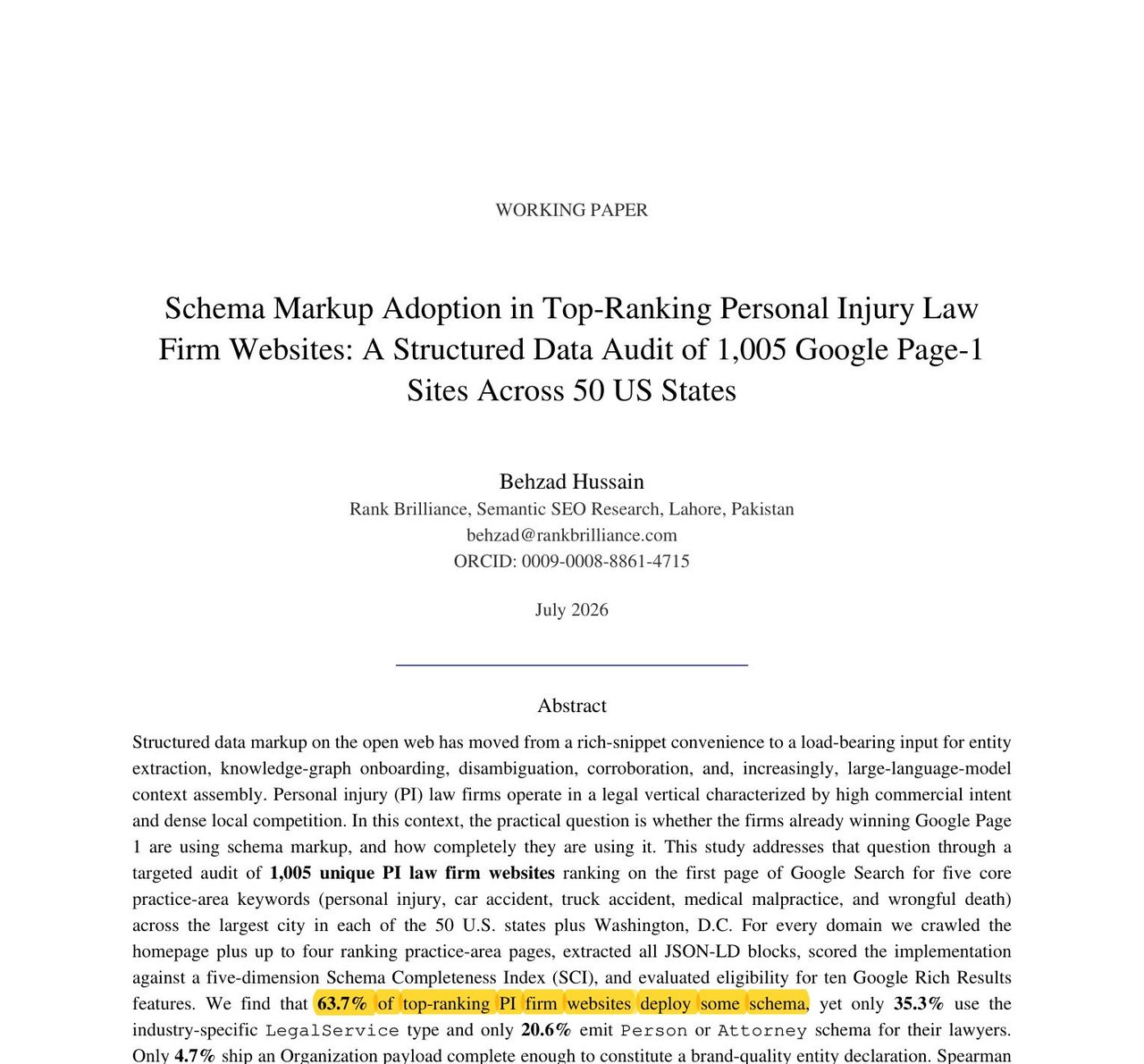 Highlighted finding in Behzad Hussain's 1,005-firm study: 63.7% of top-ranking PI firm websites deploy some schema.