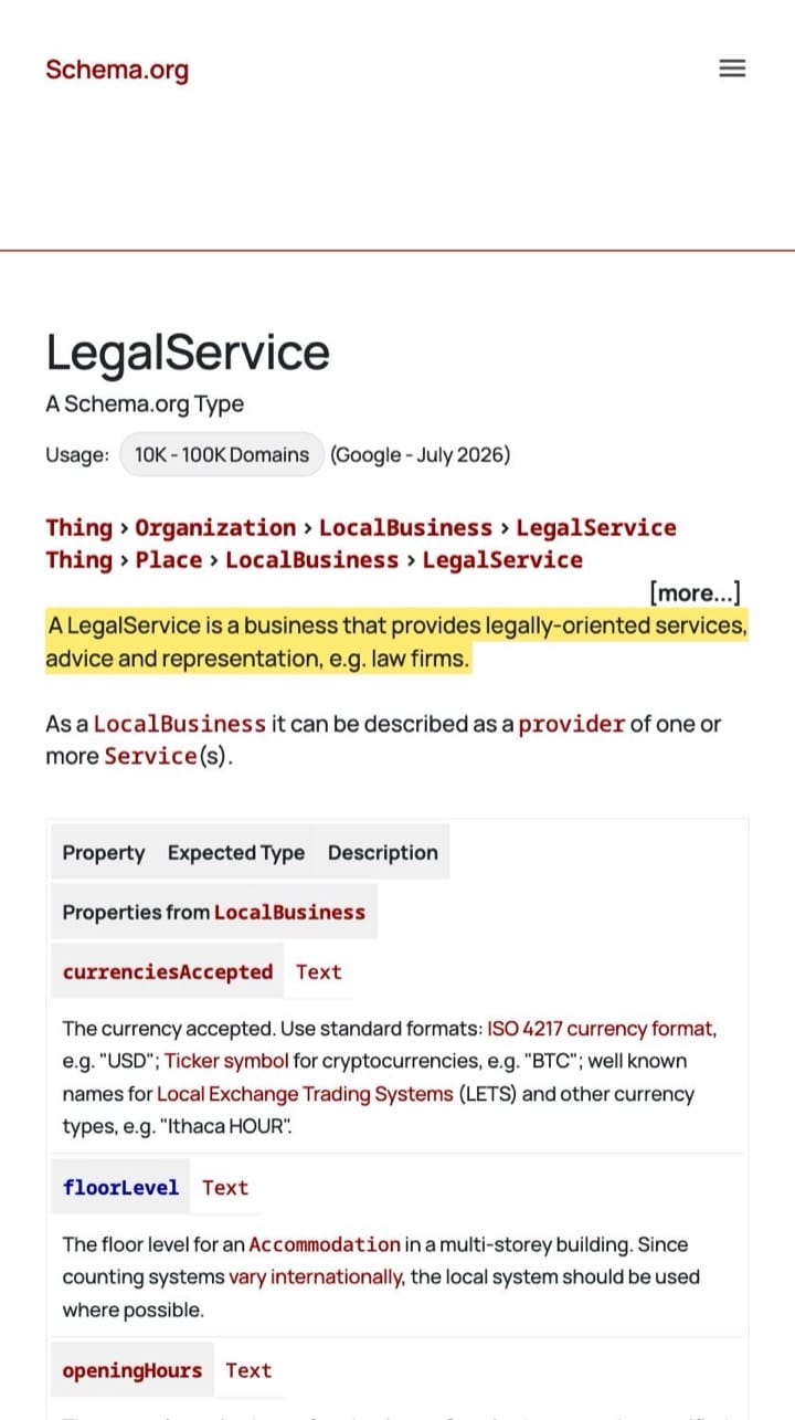 Schema.org LegalService type page with its definition sentence highlighted