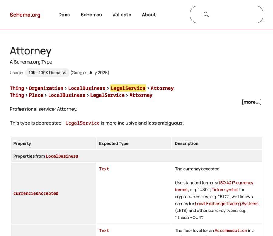 schema.org Attorney type page showing it is deprecated in favor of LegalService, with LegalService highlighted