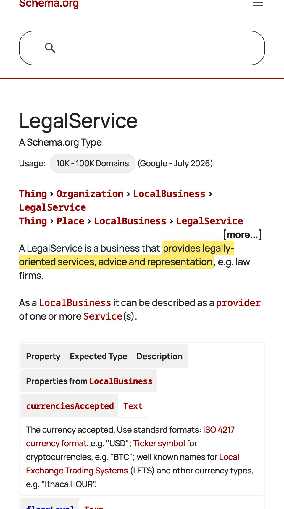 Schema.org LegalService type page showing the dual inheritance chain and definition
