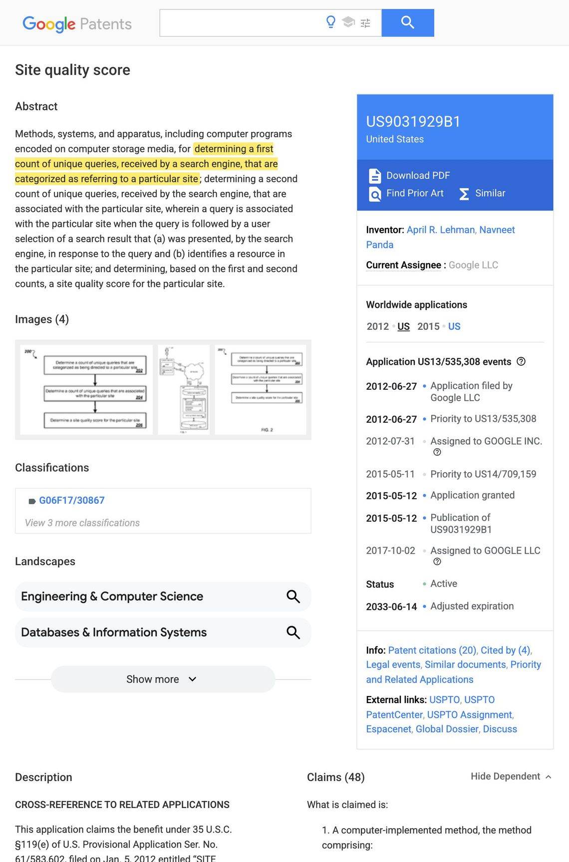 Google Patents record for US Patent 9,031,929 B1, Site Quality Score, granted May 12, 2015, inventor Navneet Panda, with the unique query counting sentence highlighted in yellow