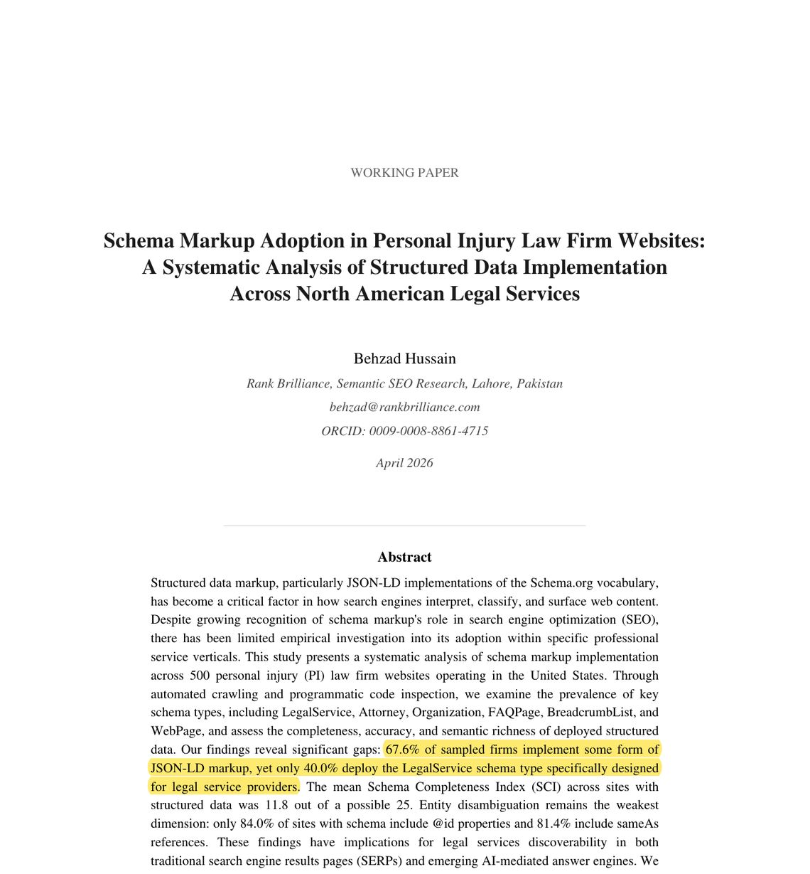First page of Behzad Hussain's SSRN working paper on schema markup adoption across 500 personal injury law firm websites, April 2026, with the abstract sentence on 67.6 percent JSON-LD adoption and 40 percent LegalService adoption highlighted in yellow