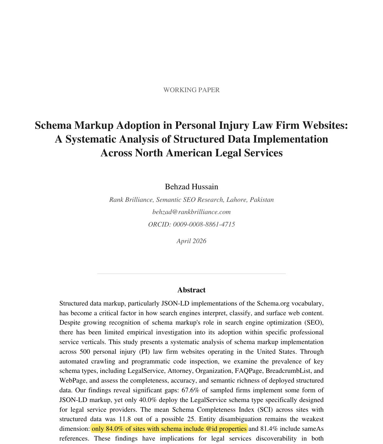 First page of Behzad Hussain's 500-firm SSRN study with the finding that only 84.0% of sites with schema include @id properties highlighted