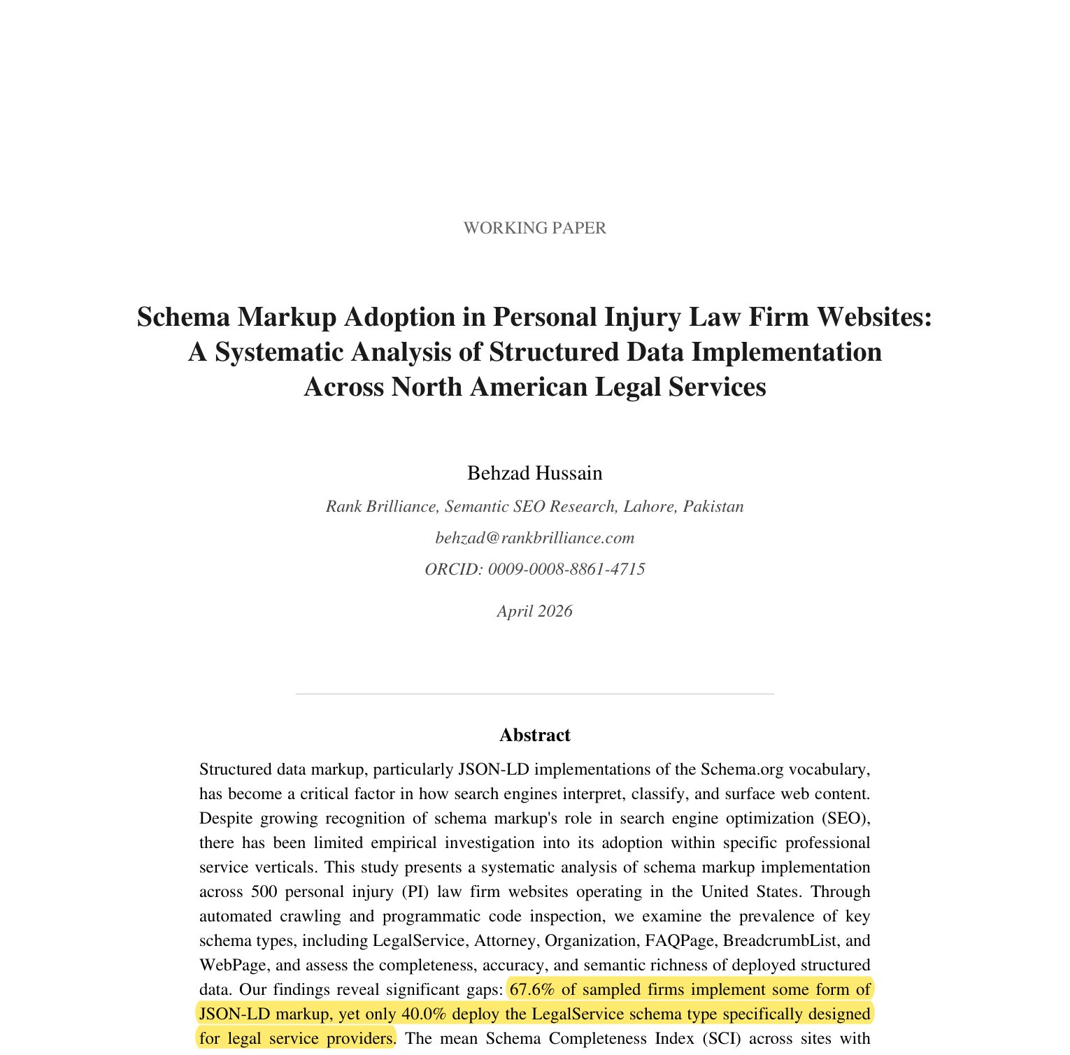 Behzad Hussain 500-firm SSRN study highlighting 67.6 percent JSON-LD adoption and only 40.0 percent LegalService deployment