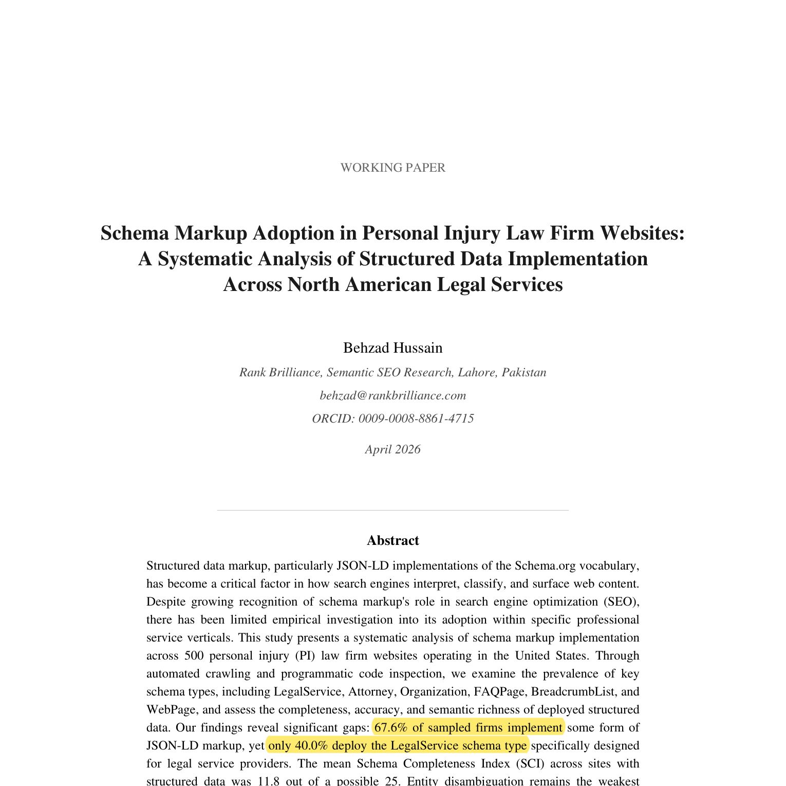 Abstract of the 500 firm study highlighting that 67.6% implement JSON-LD but only 40.0% deploy the LegalService schema type