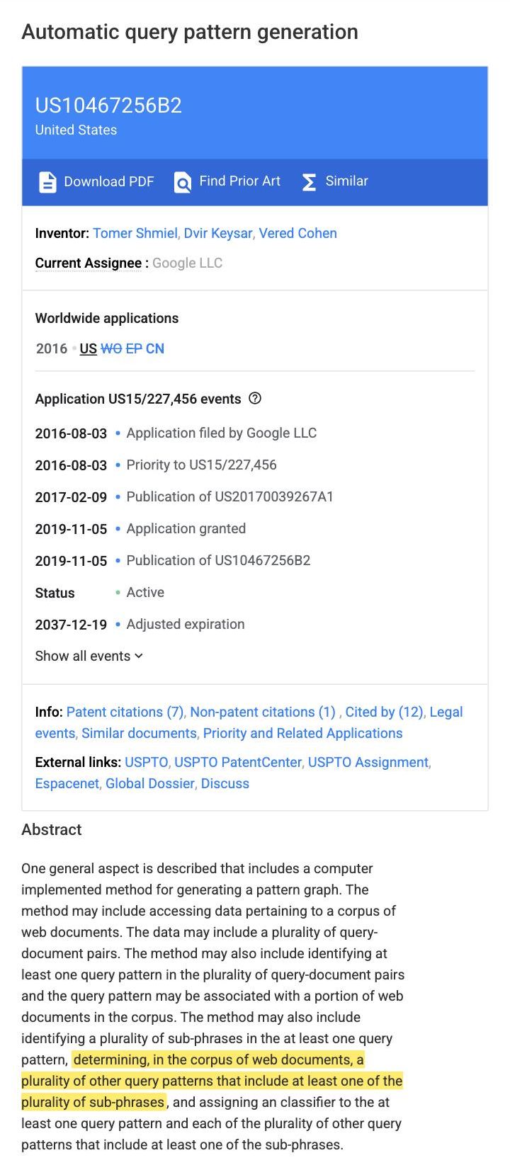 Screenshot of Google Patent US 10,467,256 B2 with the sentence about finding other query patterns that share sub-phrases highlighted in yellow
