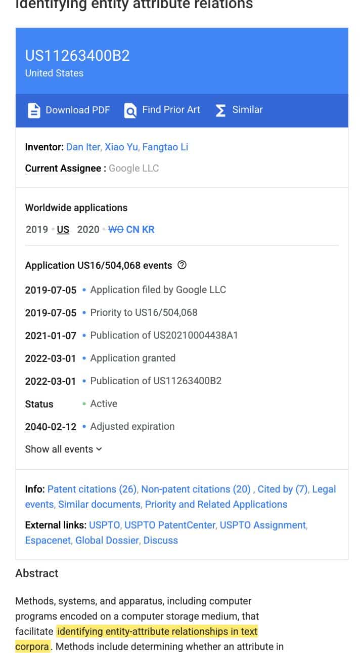 Google patent US 11,263,400 B2 record showing assignee Google LLC with the entity-attribute extraction phrase highlighted