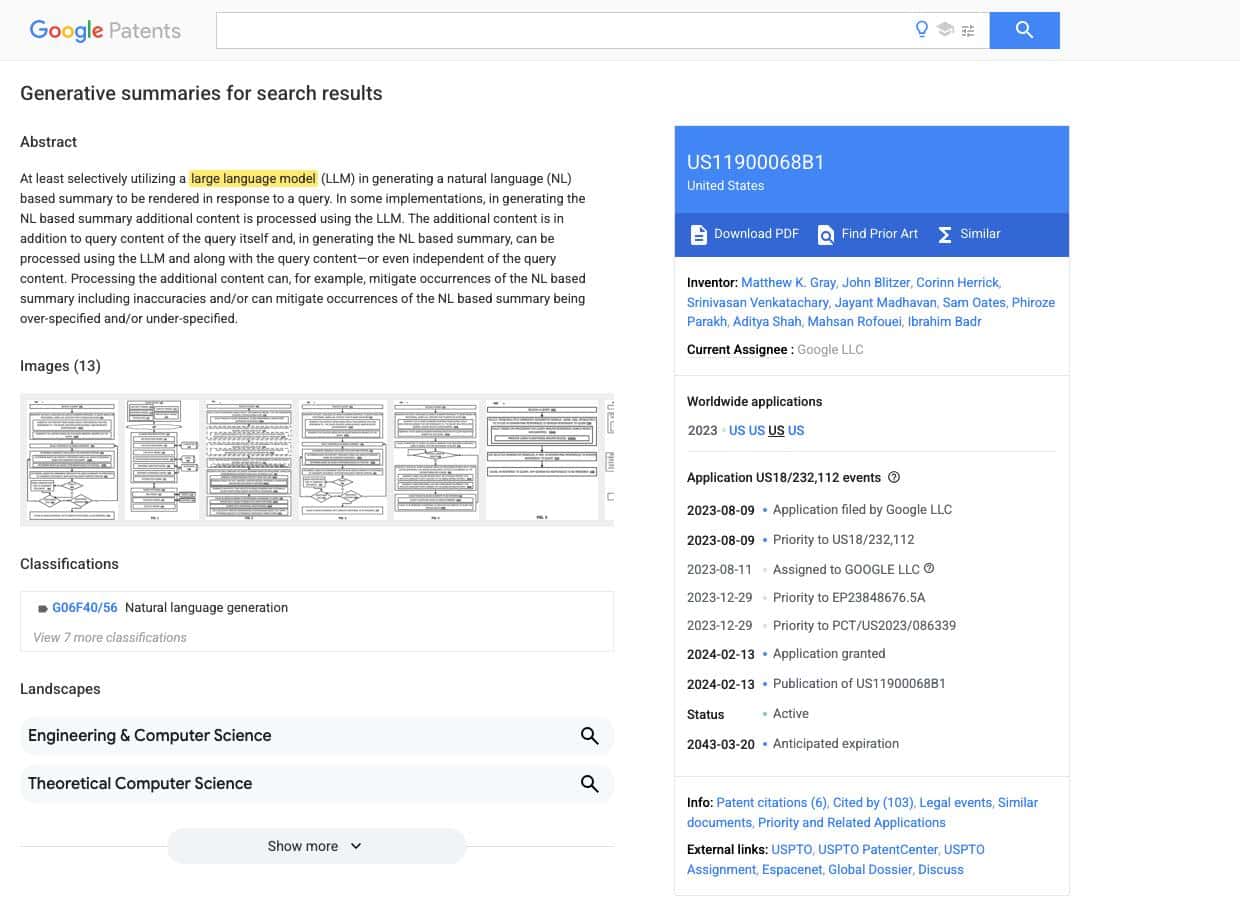 Google patent US 11,900,068 B1, Generative summaries for search results, abstract describing a large language model generating a natural-language summary