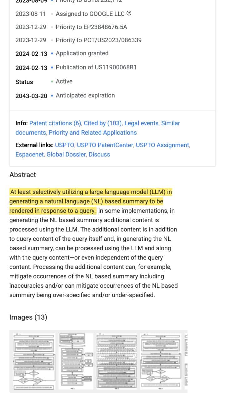 Google patent US 11,900,068 B1 Generative Summaries for Search Results record showing assignment to Google LLC with the abstract sentence highlighted about using a large language model to generate a natural language summary in response to a query