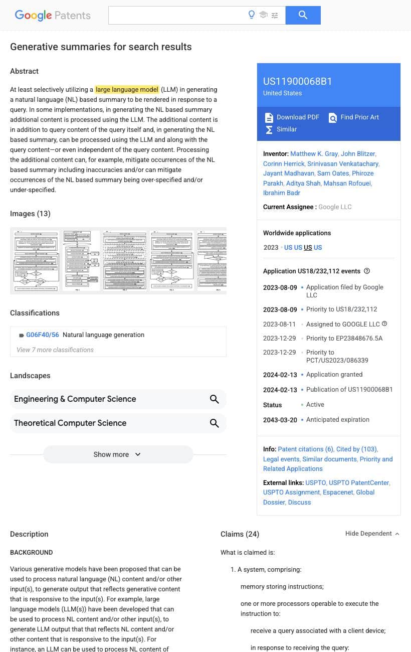 Google patent US 11,900,068 Generative summaries for search results, granted February 2024