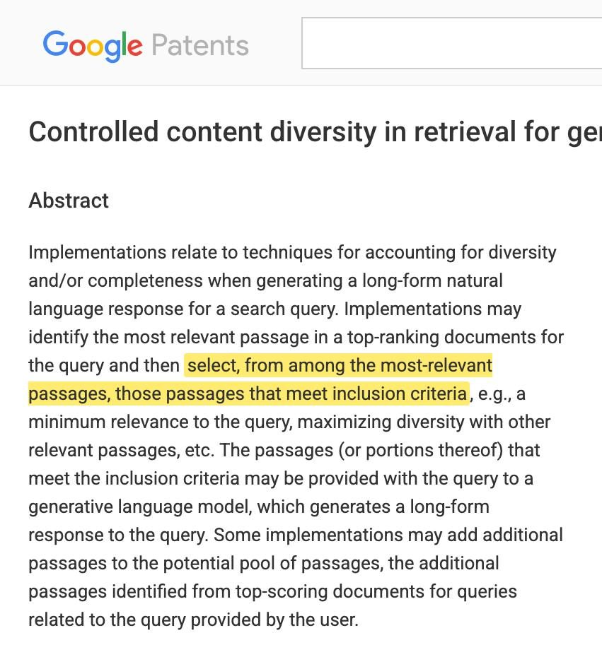 Screenshot of Google Patent Application US 2026 0072965 A1 abstract with the passage-selection and inclusion-criteria sentence highlighted in yellow