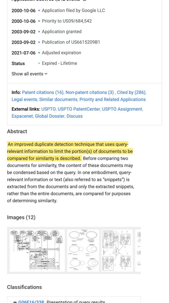 Google patent US 6,615,209 B1 record with the abstract sentence highlighted describing duplicate detection using query relevant portions of documents