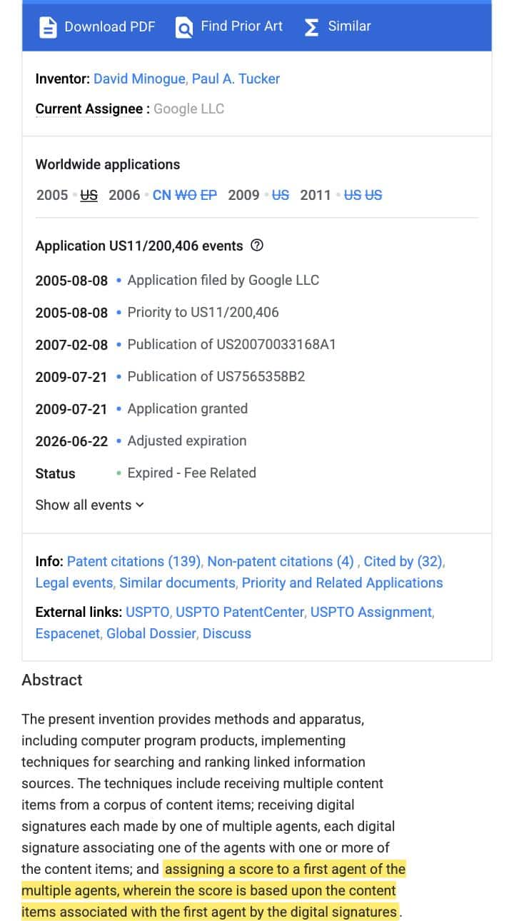 Google patent US 7,565,358 B2 Agent Rank record showing current assignee Google LLC with the clause highlighted about assigning a score to an agent based on the content items associated with the agent