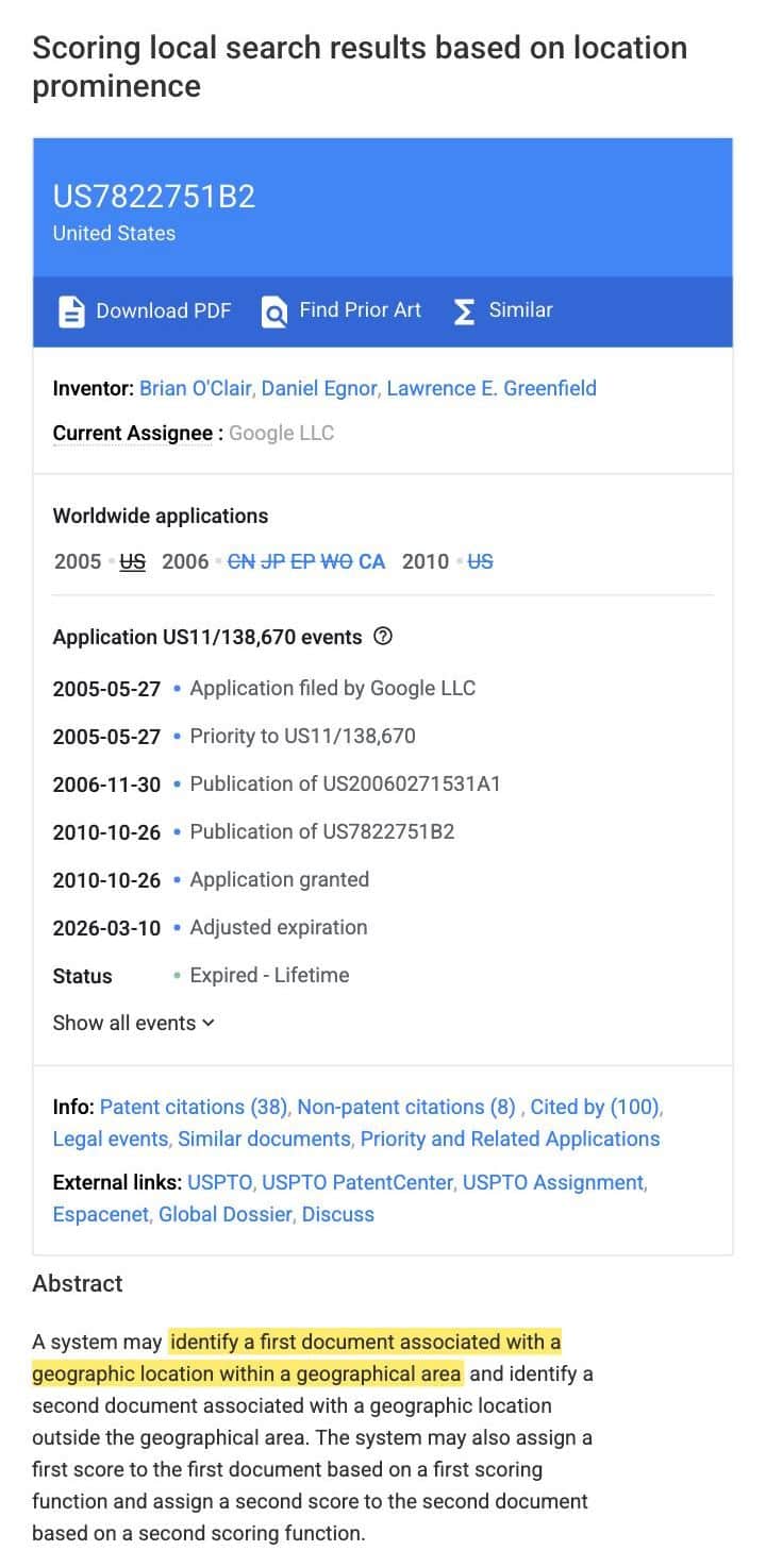 Screenshot of Google Patent US 7,822,751 B2 with the sentence about identifying a document tied to a geographic location highlighted in yellow