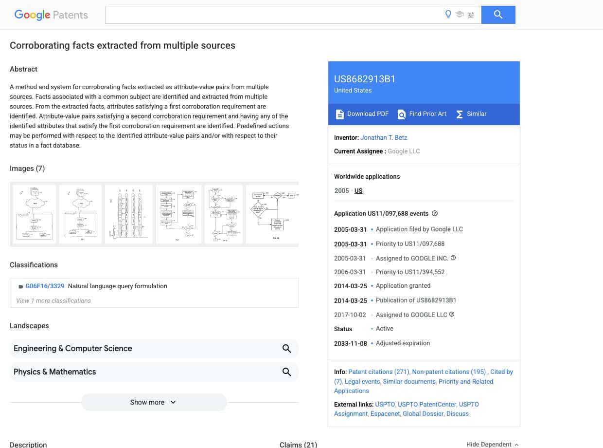 Google patent US 8,682,913 B1, Corroborating facts extracted from multiple sources, abstract