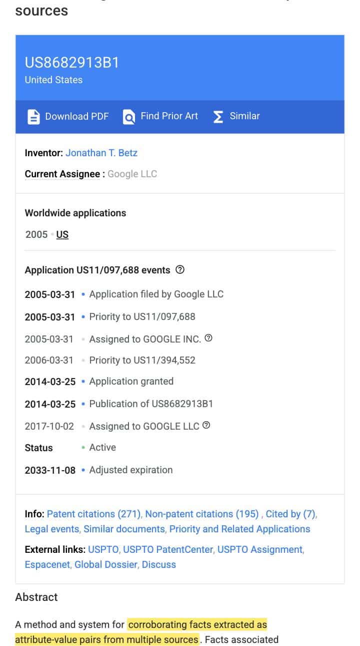 Google patent US 8,682,913 B1 record showing assignment to Google LLC with the corroboration phrase highlighted