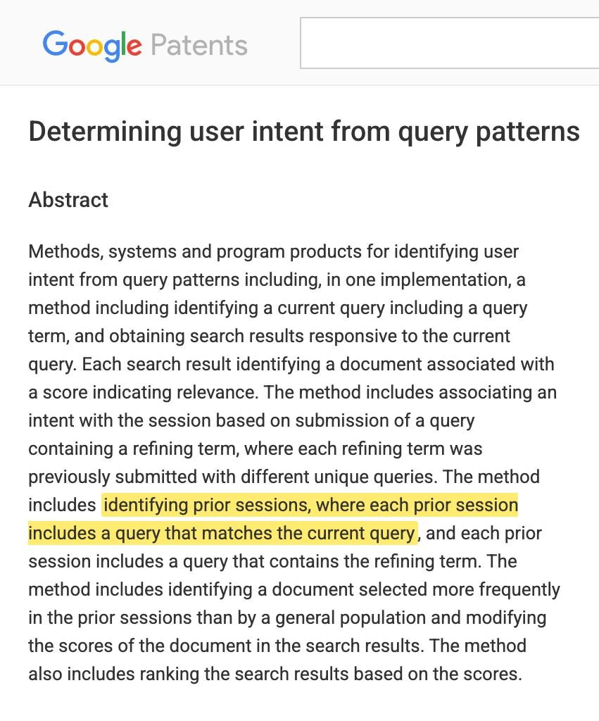 Screenshot of Google Patent US 8,868,548 B2 abstract with the sentence about identifying prior sessions that match the current query highlighted in yellow