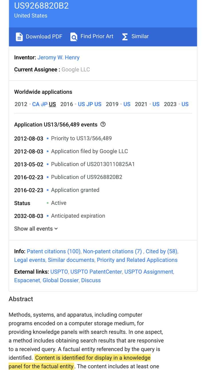 Google patent US 9,268,820 B2 record showing assignee Google LLC with the knowledge-panel content sentence highlighted