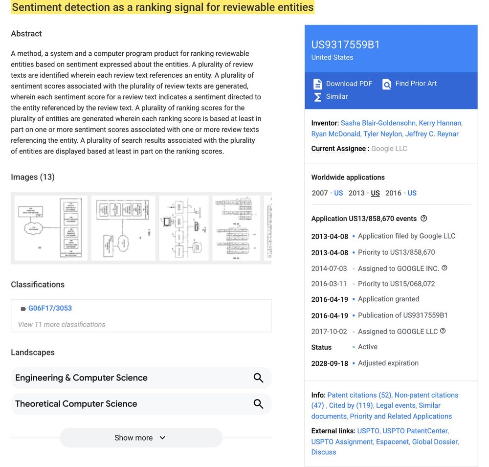 Google patent US 9,317,559 B1 highlighting sentiment detection as a ranking signal for reviewable entities.