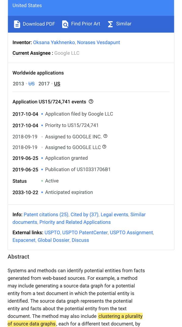Google Patents record for US 10,331,706, Automatic Discovery of New Entities Using Graph Reconciliation, with the abstract phrase "clustering a plurality of source data graphs" highlighted in yellow.