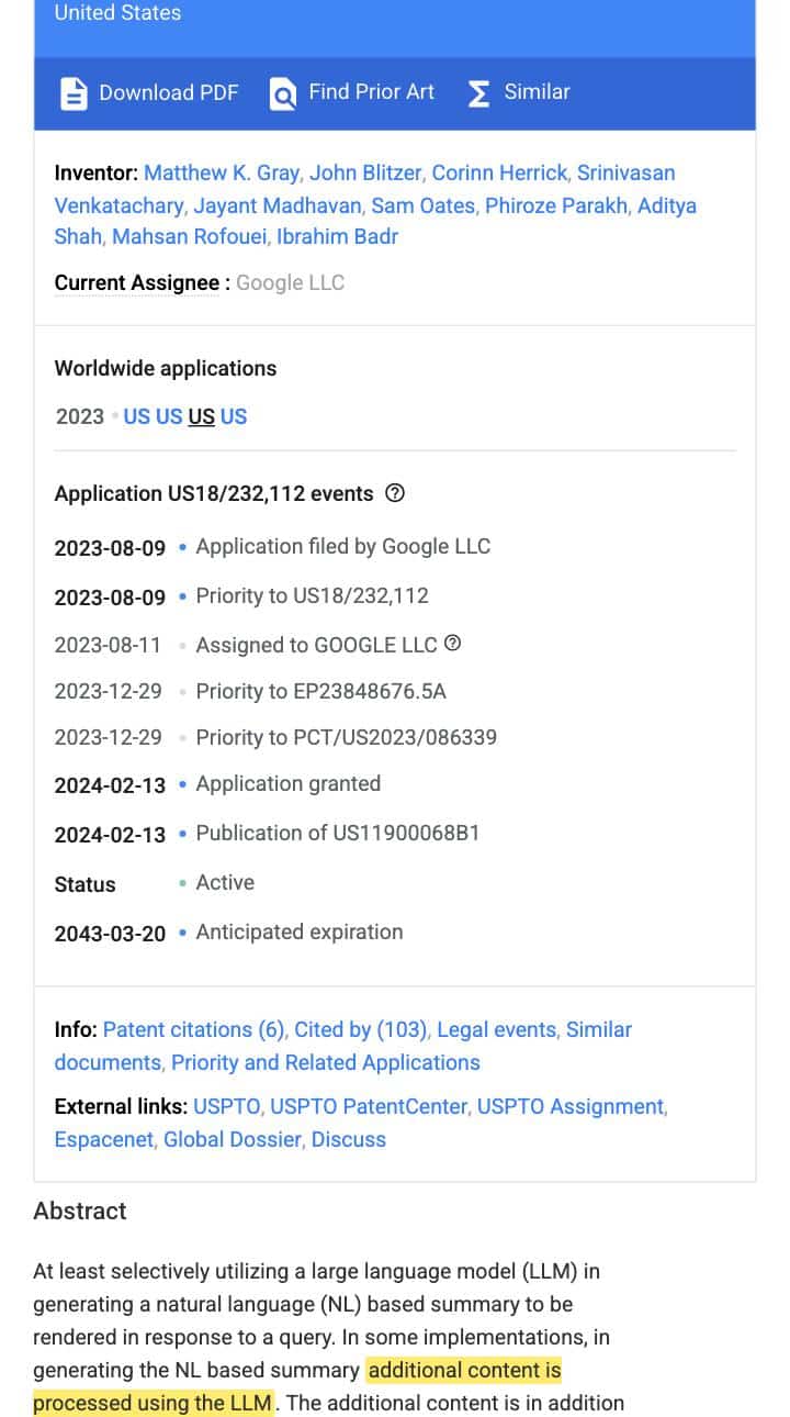 Google Patents record for US 11,900,068, Generative Summaries for Search Results, with the abstract phrase "additional content is processed using the LLM" highlighted in yellow.