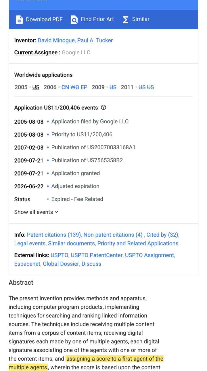Google Patents record for US 7,565,358, Agent Rank, with the abstract phrase "assigning a score to a first agent of the multiple agents" highlighted in yellow.