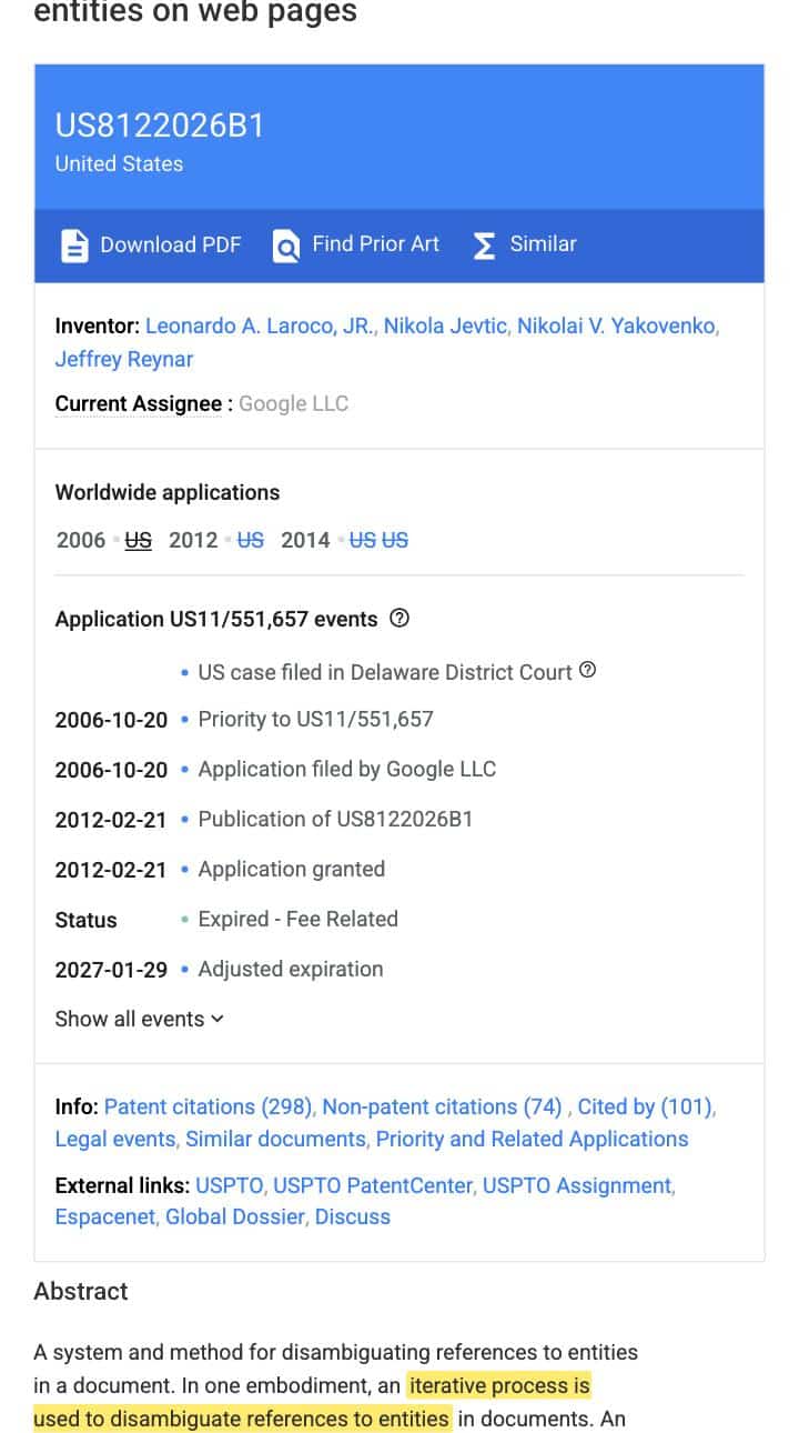 Google Patents record for US 8,122,026, Finding and Disambiguating References to Entities on Web Pages, with the abstract phrase "iterative process is used to disambiguate references to entities" highlighted in yellow.