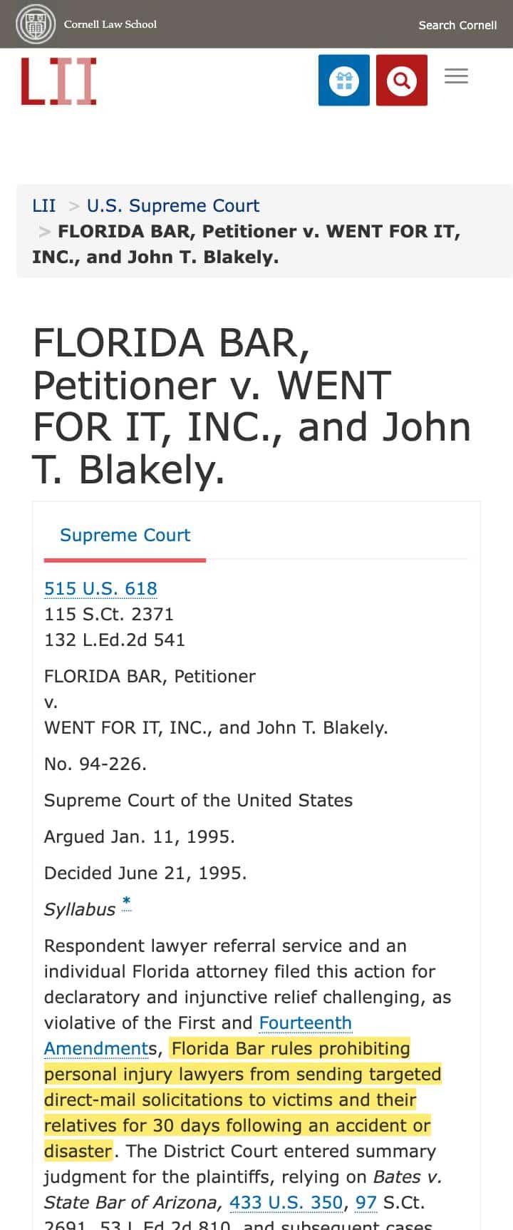 Syllabus of Florida Bar v. Went For It, Inc., 515 U.S. 618, with the 30 day targeted direct-mail rule highlighted