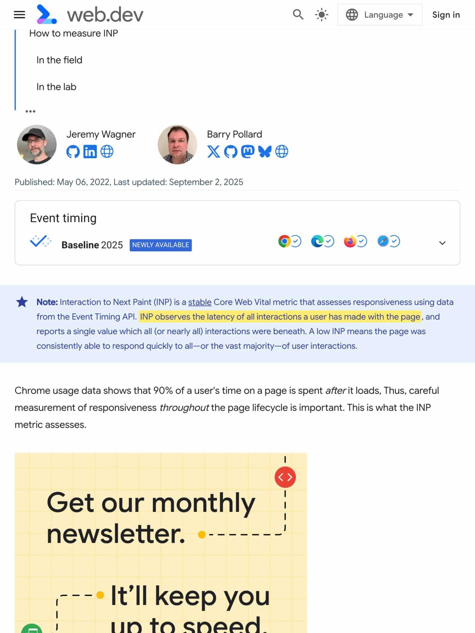web.dev Interaction to Next Paint article by Jeremy Wagner and Barry Pollard with the sentence highlighted in yellow: INP observes the latency of all interactions a user has made with the page
